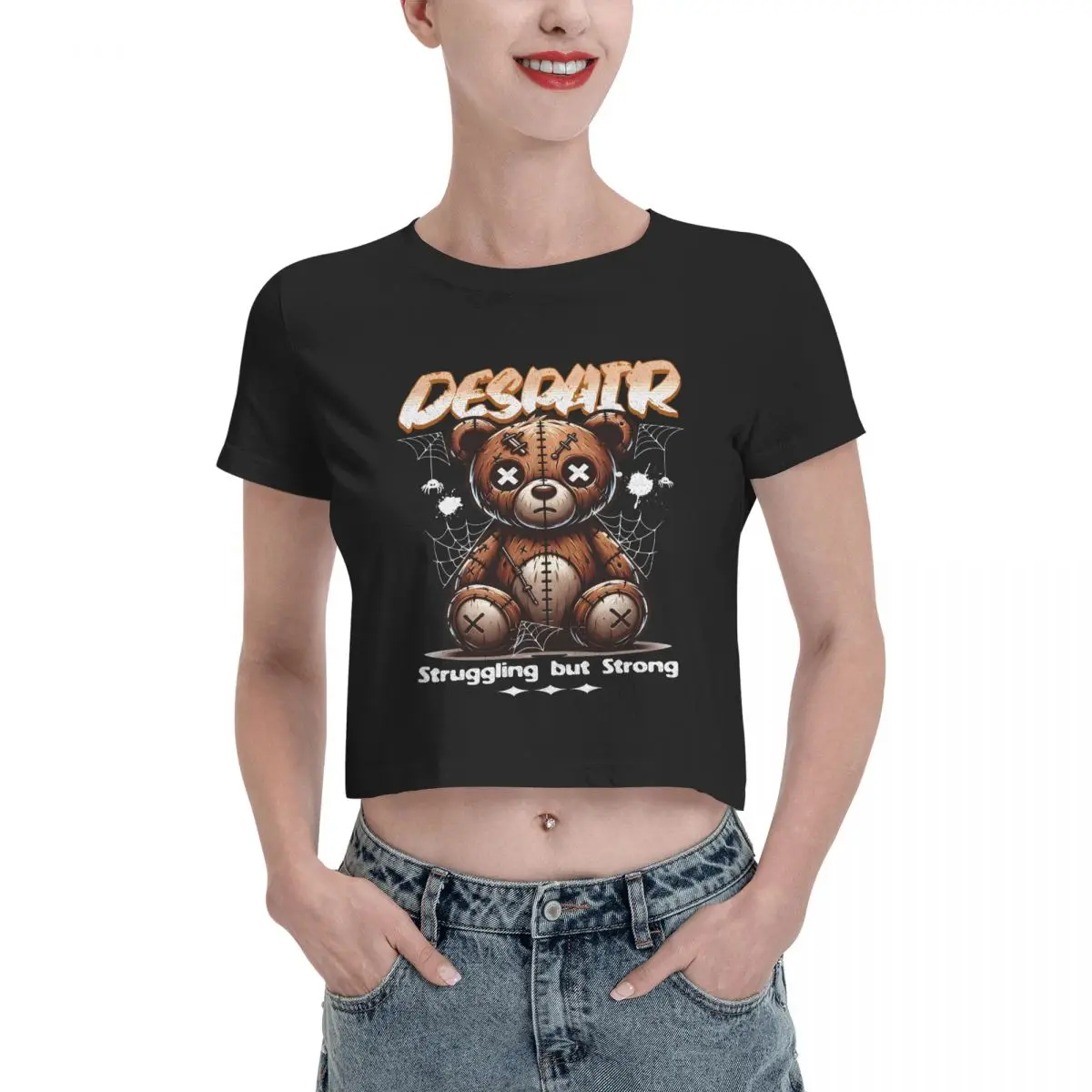 Bear Despair Tshirt Cartoon Graphic Tees Female Crop Top,Leak navel T-shirt