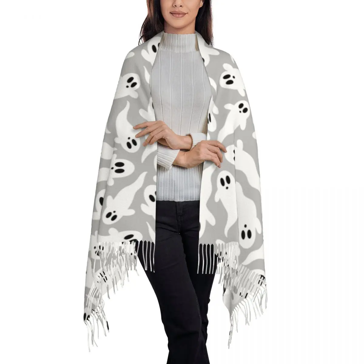 Spooky Ghost Halloween Cartoon Pattern Scarf Tassel Scarves for Women Soft Warm Shawls and Wraps Long Fall Winter Shawl Wrap