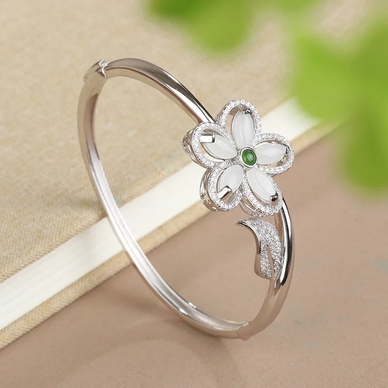 

S925 Sterling Silver Inlaid Natural Hetian Jade Plum Blossom Women'S Open Bracelet