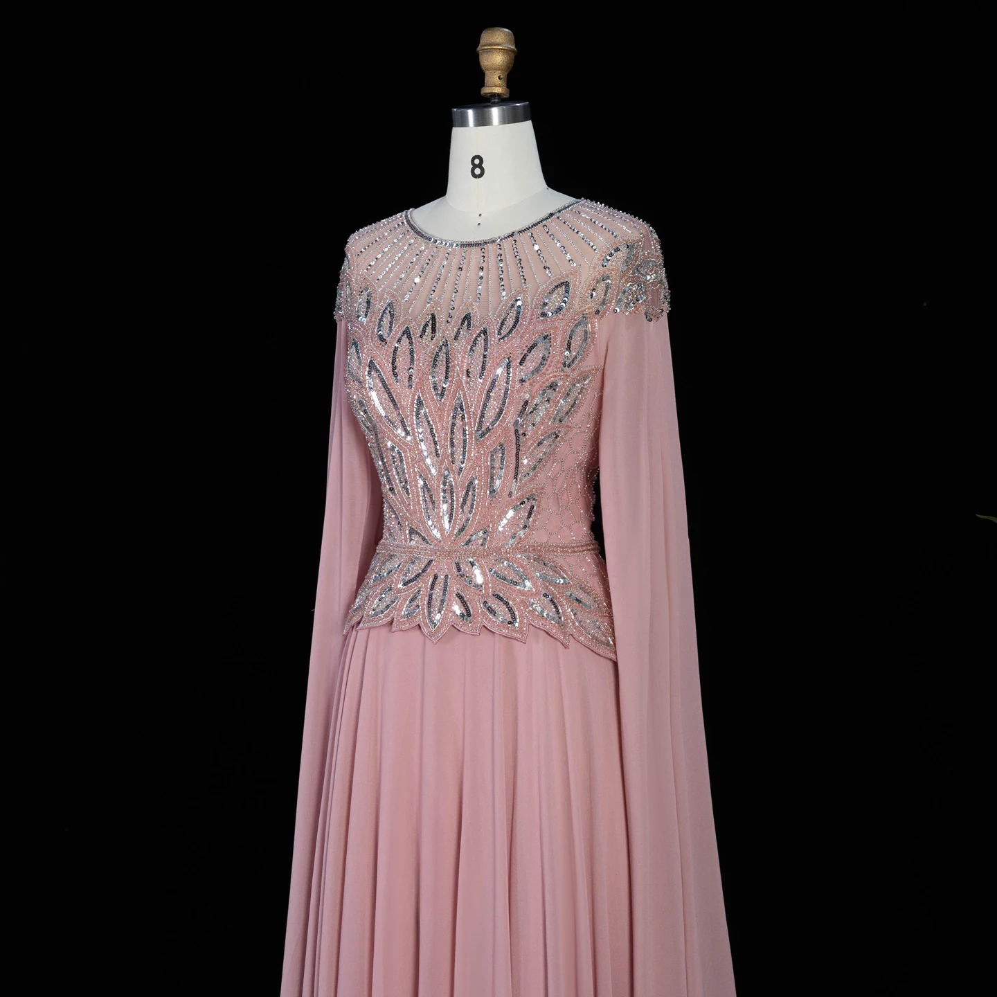 Sharon Said Abendkleider Glamouröses Schwarzes Chiffon-Paillettenkleid mit Perlen und Cape-Ärmeln Luxuriöses Dubai-Formelles Partykleid SS104 Maßanfertigung – Detail 26