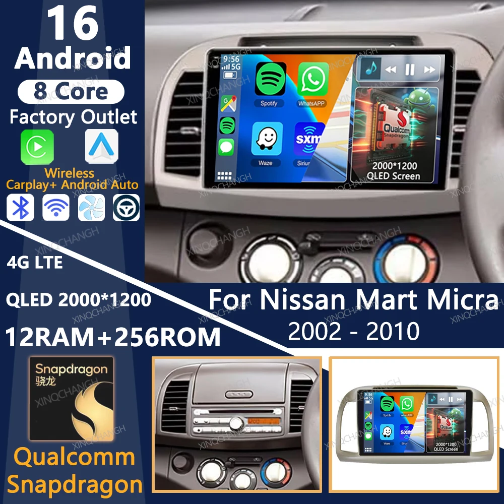Radio para Auto Android 16 para Nissan March Micra K12 2002 - 2010, Carplay, Bluetooth, GPS, 4G, WIFI, Unidad Principal 2DIN, Qualcomm, Navegación QLED