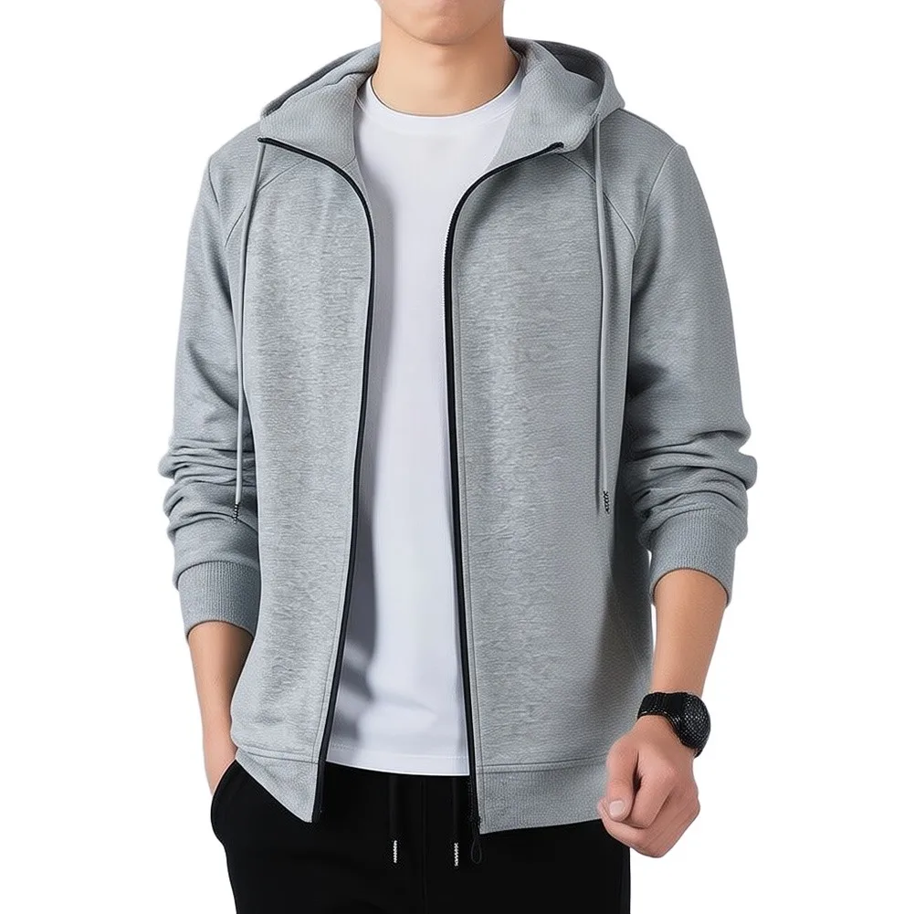 Men's Casual Collar Jacket Sweatshirt Lightweight for Spring Autumn Wear Black Gray XL-4XL Regular Length Hood