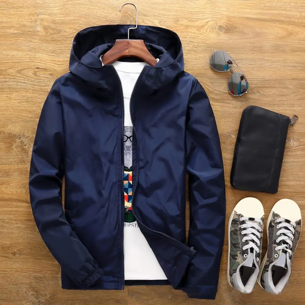 Men Coat Fine Stitching Men Jacket Super Soft Streetwear  Stylish Pure Color Hood Windbreaker Jacket