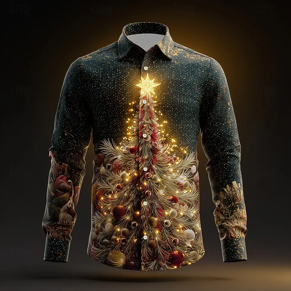 قميص رجالي لامع لامع لعيد الشكر تركيا لعيد الميلاد الخفيف بأزرار لأعلى وأكمام طويلة قمصان مطبوعة ثلاثية الأبعاد #3