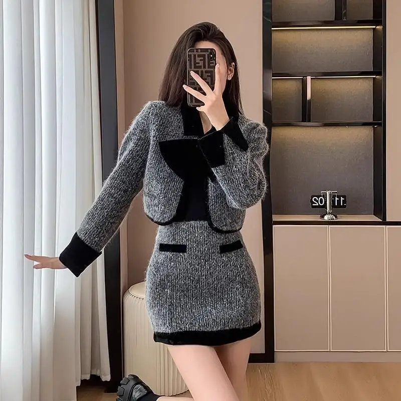 Women\'s Autumn/winter French Elegant Tweed Suit Skirt Set, Retro Solid Contrasting Woolen Suit Collar Jacket Skirt Two-piece Set