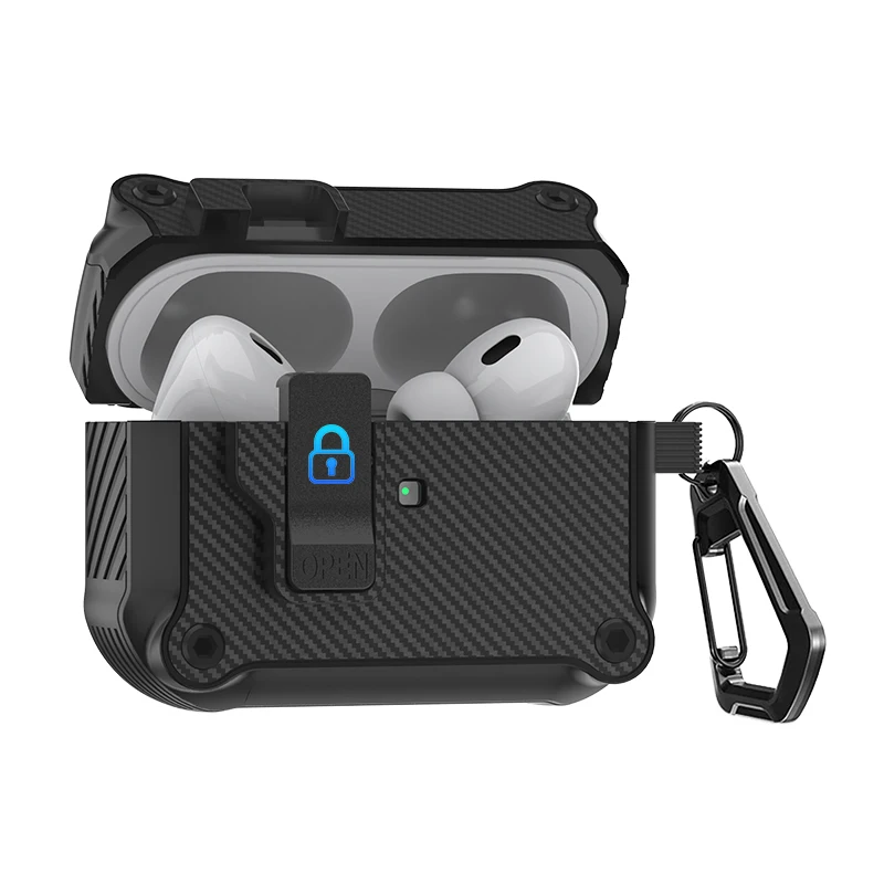 

Dual Case for Airpods Pro 2 for Airpods 4 2024 with Lock Clip Shockproof Carbon Fiber Switch Keychain Magnetic Lid