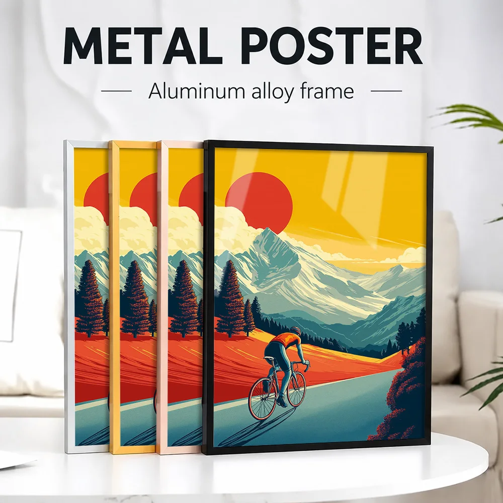 Cyclist On Mountain Road At Sunset Framed Aluminum Metal Poster Customized Photo Modern Endurance Style Wall Art For Clubhouse