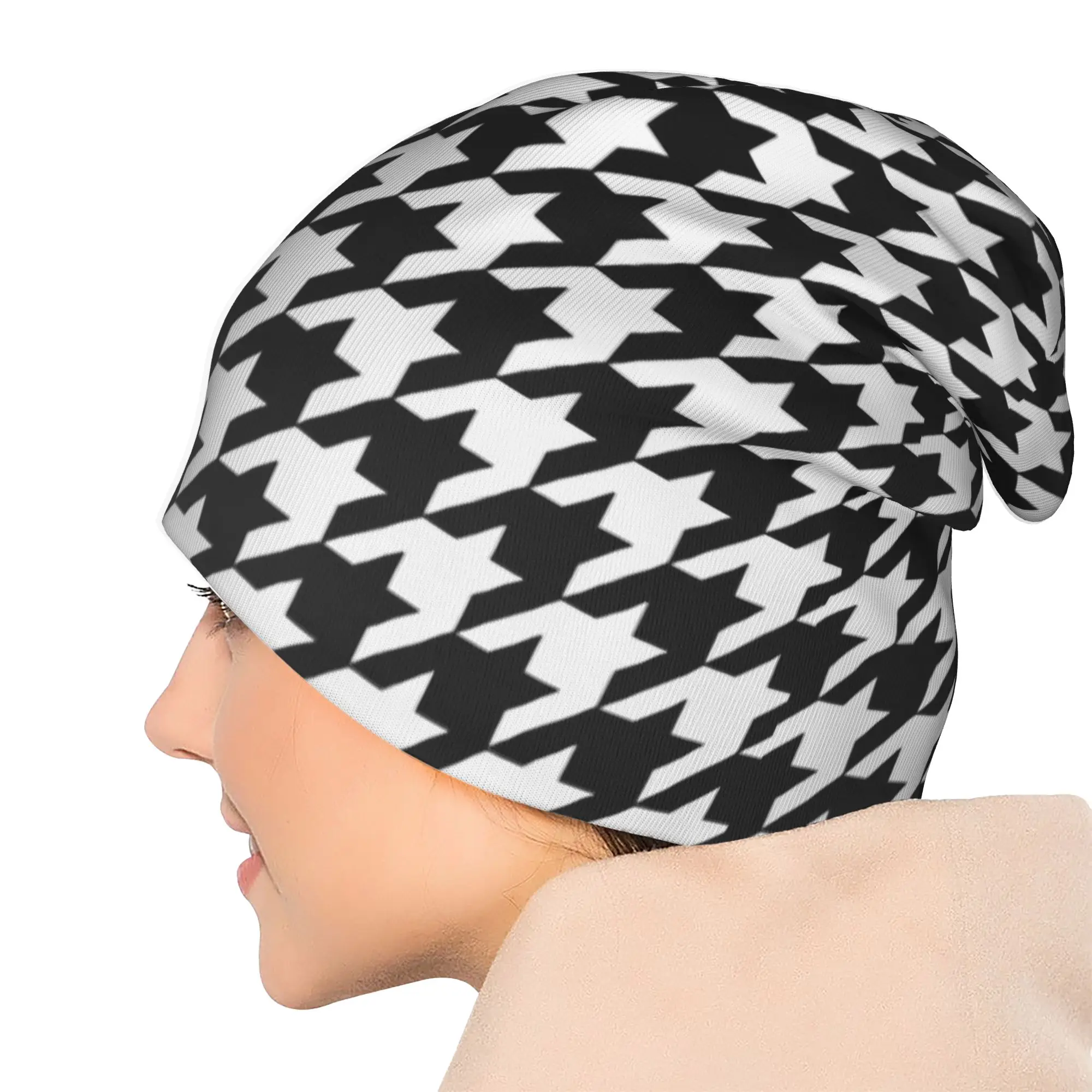 Autumn Black And White Houndstooth Bonnet Homme Fashion Thin Hat Skullies Beanies Caps Men Women Style Hats 5