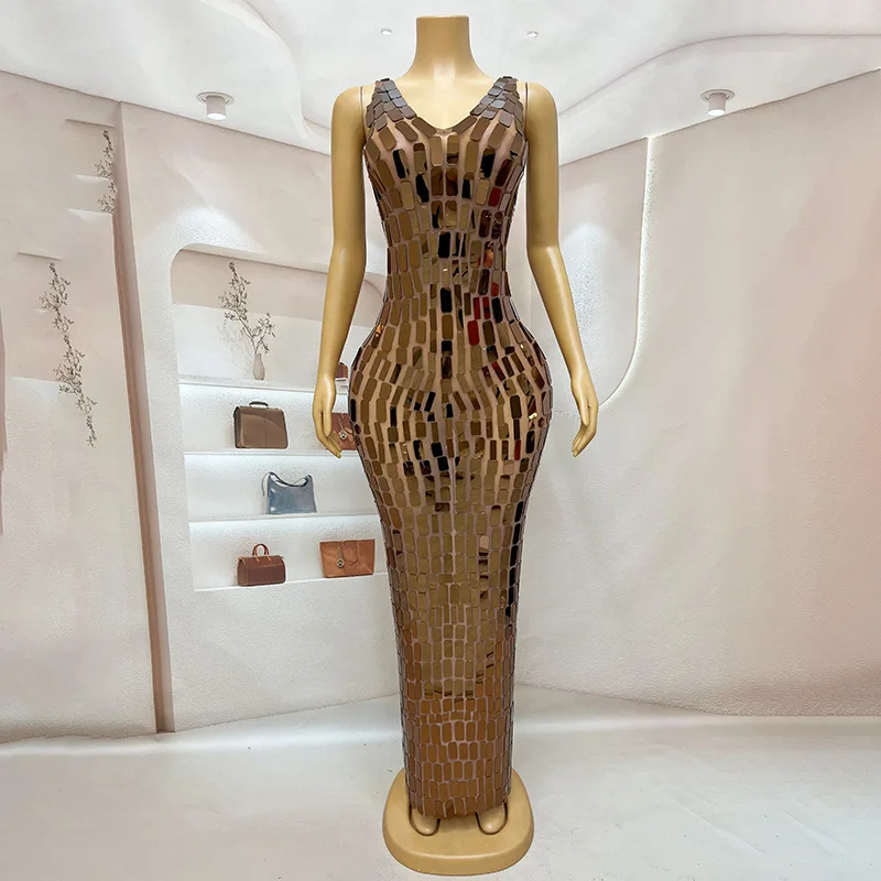 

Gold Sequined Long Sexy Evening Dress Birthday Party Workplace Company Annual Meeting Banquet Bar Nightclub Dancing Partykleider