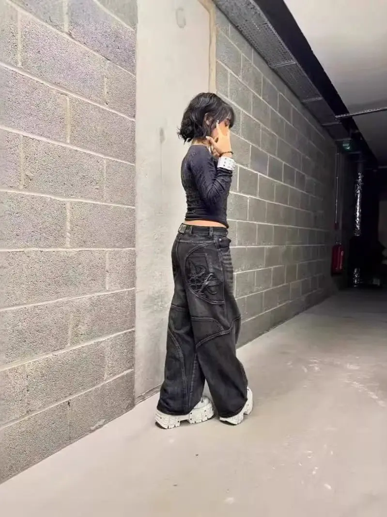 

Retro Hip Hop Straight Leg Jeans Men Women Washed out Black Grey Vintage High Street Wide Leg Long Trousers Autumn Trendy Brand