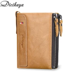 Genuine Leather Men Short Wallet Coin Purse Small Vintage Wallet Double Zipper Male Soft Cowhide Purse Brand Bifold Wallet Men