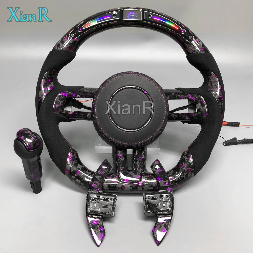 High Quality Customized Steering Wheel for Ford Mustang LED Purple Forged Carbon Fiber with Paddle Shifters and Shift Knobs