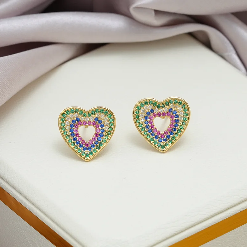 Korean Style New Compact Copper Plated Genuine Gold Heart Simple Micro Inlaid Zircon Earrings for Girls Jewelry Gifts.