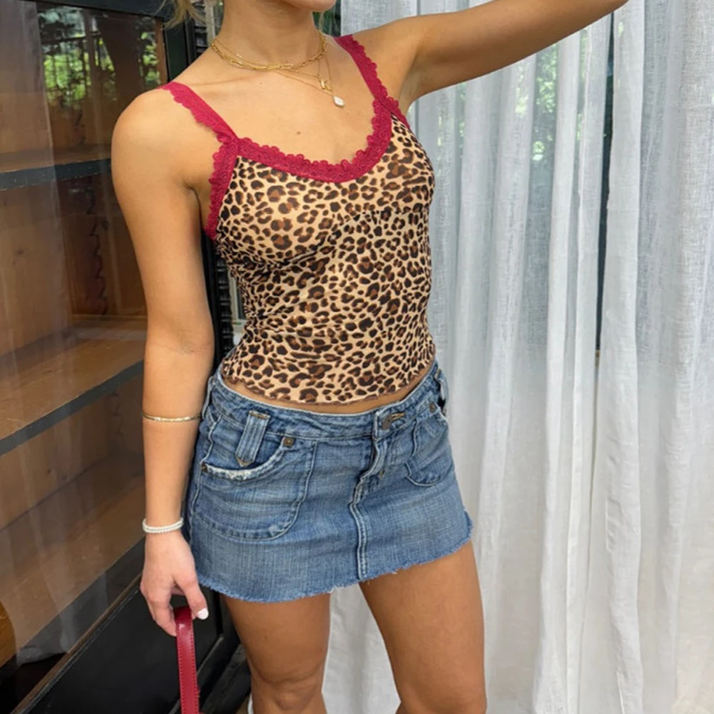 Camisola Sexy con estampado de leopardo y ribete de encaje para mujer, ropa estética Grunge Punk Y2K, camiseta ajustada con espalda descubierta 2025