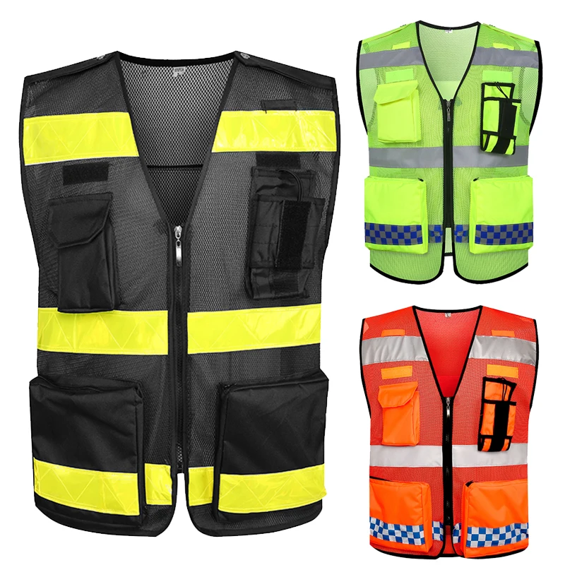 Black Safety vest reflective vest construction workwear with Reflective stripes