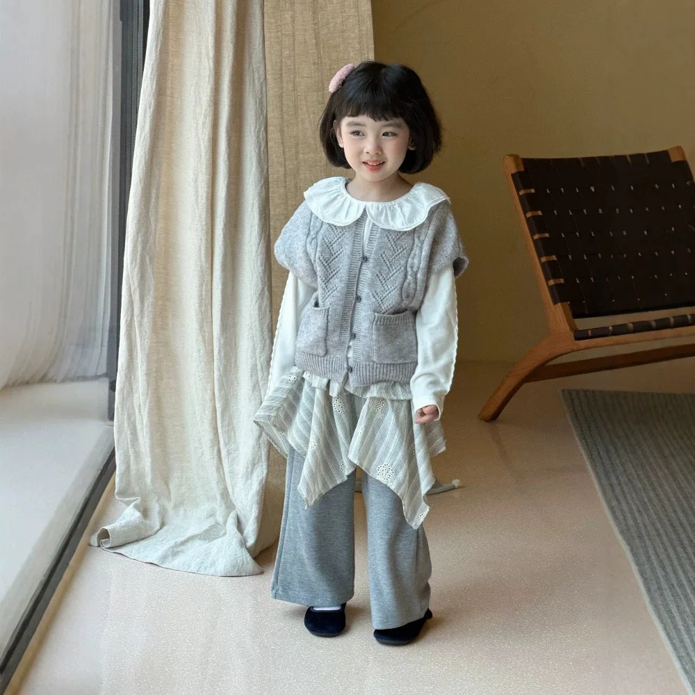 Girls 2026 Fall New Kids Korean Big Lapel Knit Undershirt Drop Shoulder Sweater Vest Diaper Cover Pants
