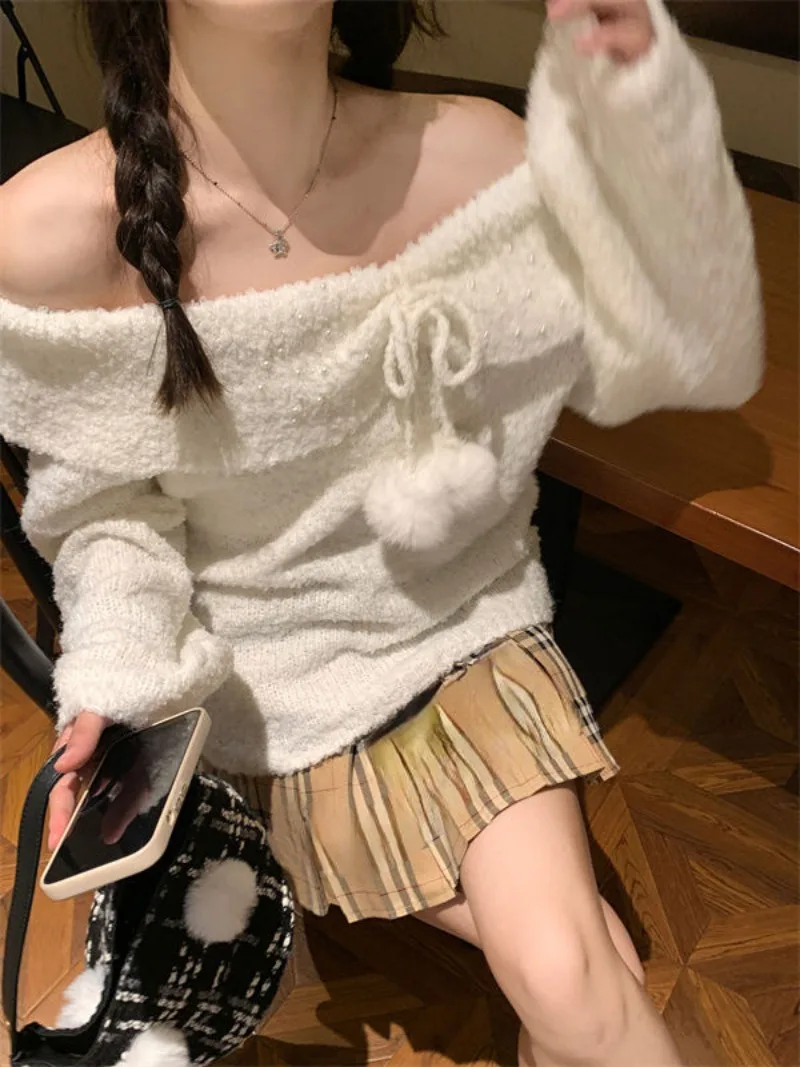 Ball Tops Bow White Pullovers Slash Neck Long Sleeve Y2K Sweater Women Sueter Mujer Knitted Off Shoulder Hotsweet Korean