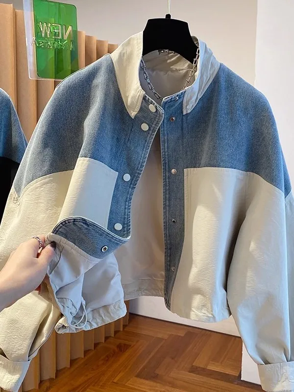 High-End Denim Patchwork Opstaande Kraag Jaet Herfst Loose Fit Ort Sle Veelzijdige Dames Plus Size Inner Wear Top