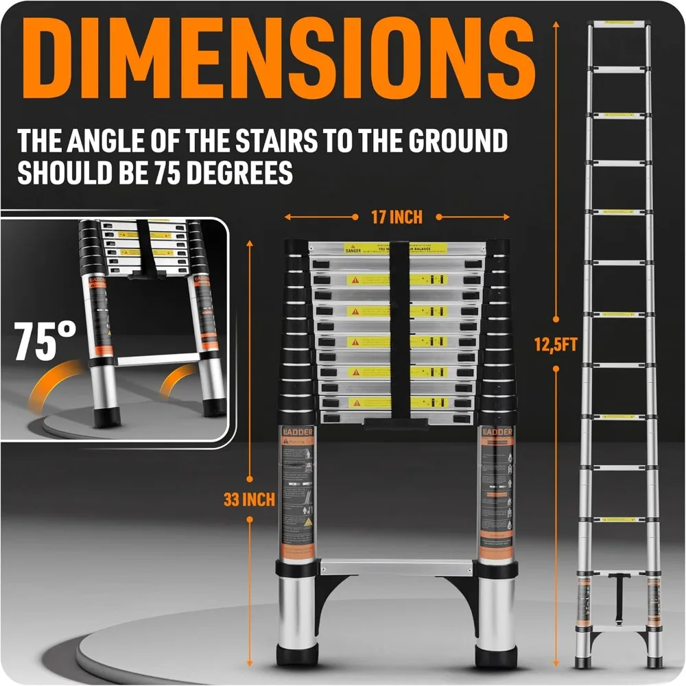 سلم تصغير من الألومنيوم بطول 12.5 قدم: سلم تمديد خفيف الوزن مع قفل أمان للمنزل والسقف والمركبات الترفيهية والوصول العلوي والخارجي