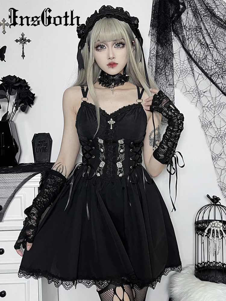 

InsGoth Gothic Sexy Black V Neck Lace Up Dress Y2K Aesthetic Grunge Punk High Waist Lace Trim Corset Dresses Ladies Party Dress