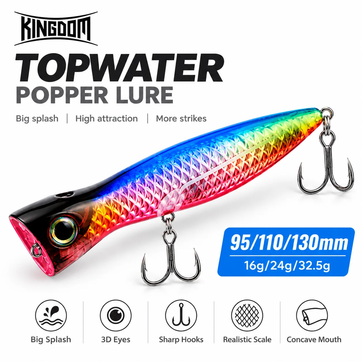 Leurre De PêChe Flottant Artificiel Kingdom Spraying Popper 16G 24G 32.5G 95Mm 110Mm 130Mm Pour La PêChe Au Bar-image