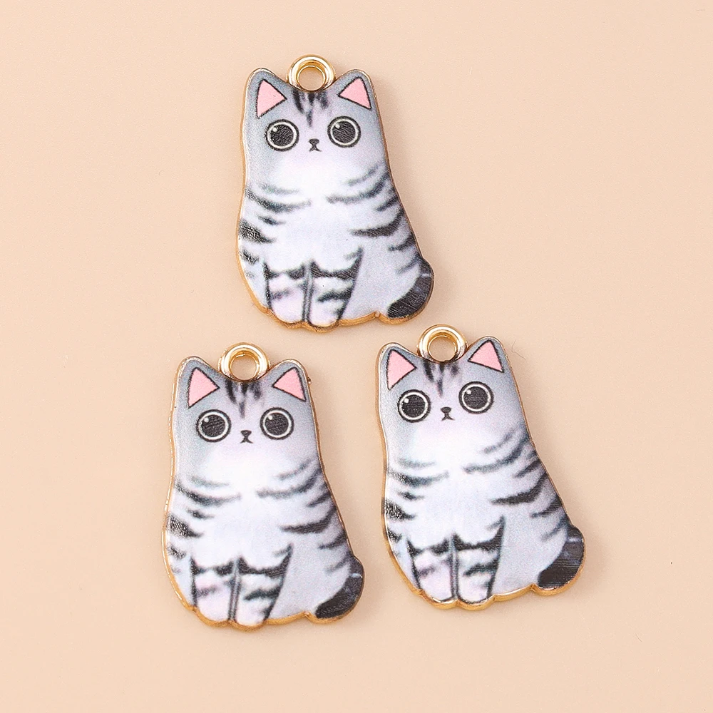 Leslie 10 Stück Cartoon-Emaille-Katzen-Charms, niedliche goldfarbene Metall-Tierkatzen-Anhänger für DIY-Halsketten, Armbänder, Schmuckherstellung – Detail 17
