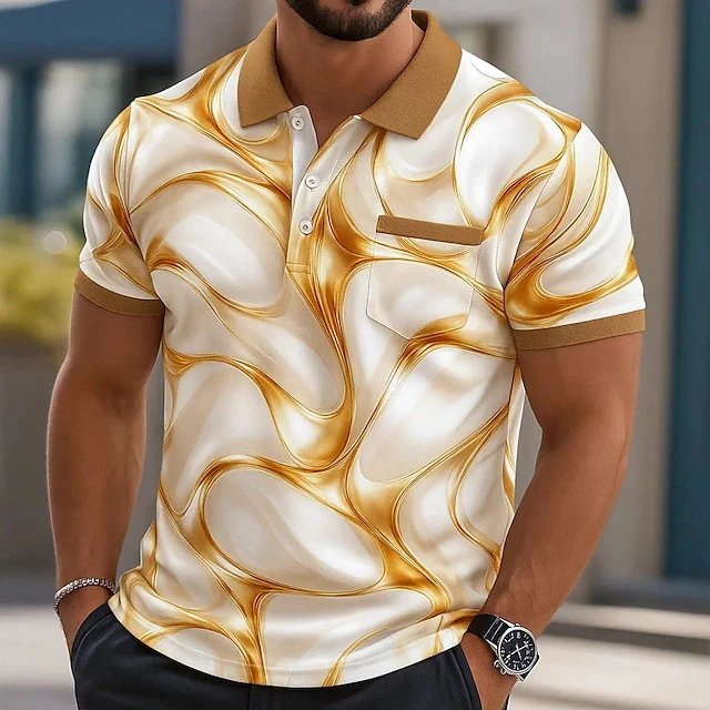 Multiple Color Options Men Aurora Light Swirl Full Printed Fake Pocket Polo Shirts Street Casual Social Gathering Outfit T Shirt