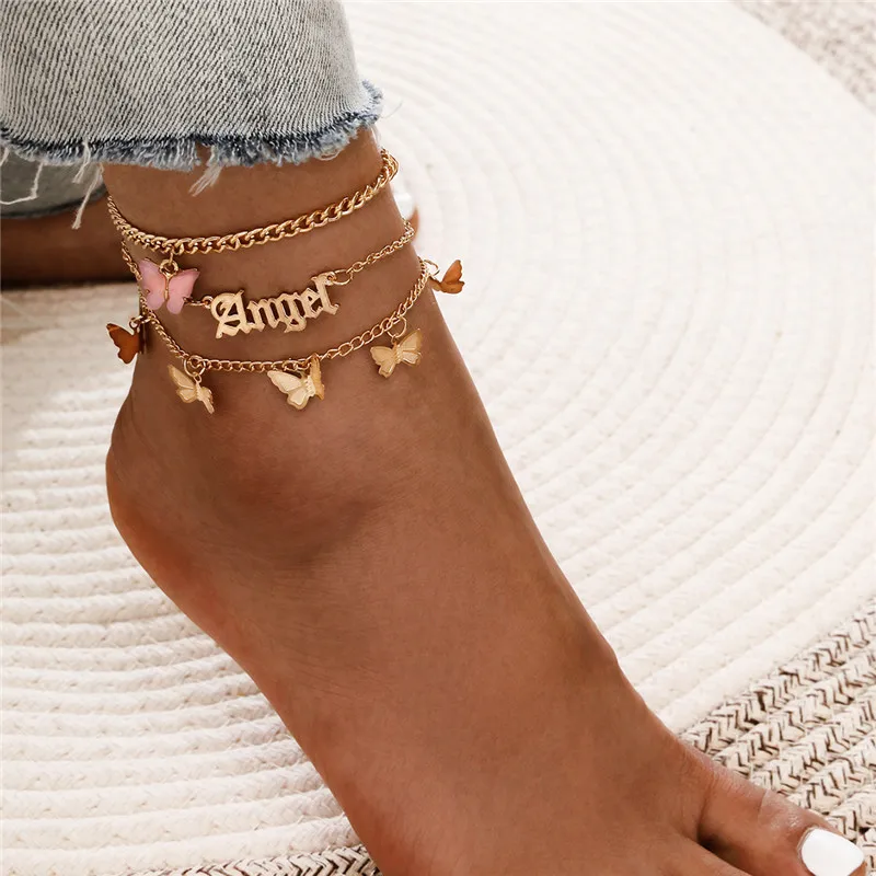 VAGZEB Bohemian Pink Butterfly Anklet set For Women Angel Letter Pendant Ankle Bracelet Chain On Leg Beach Foot Boho Jewelry