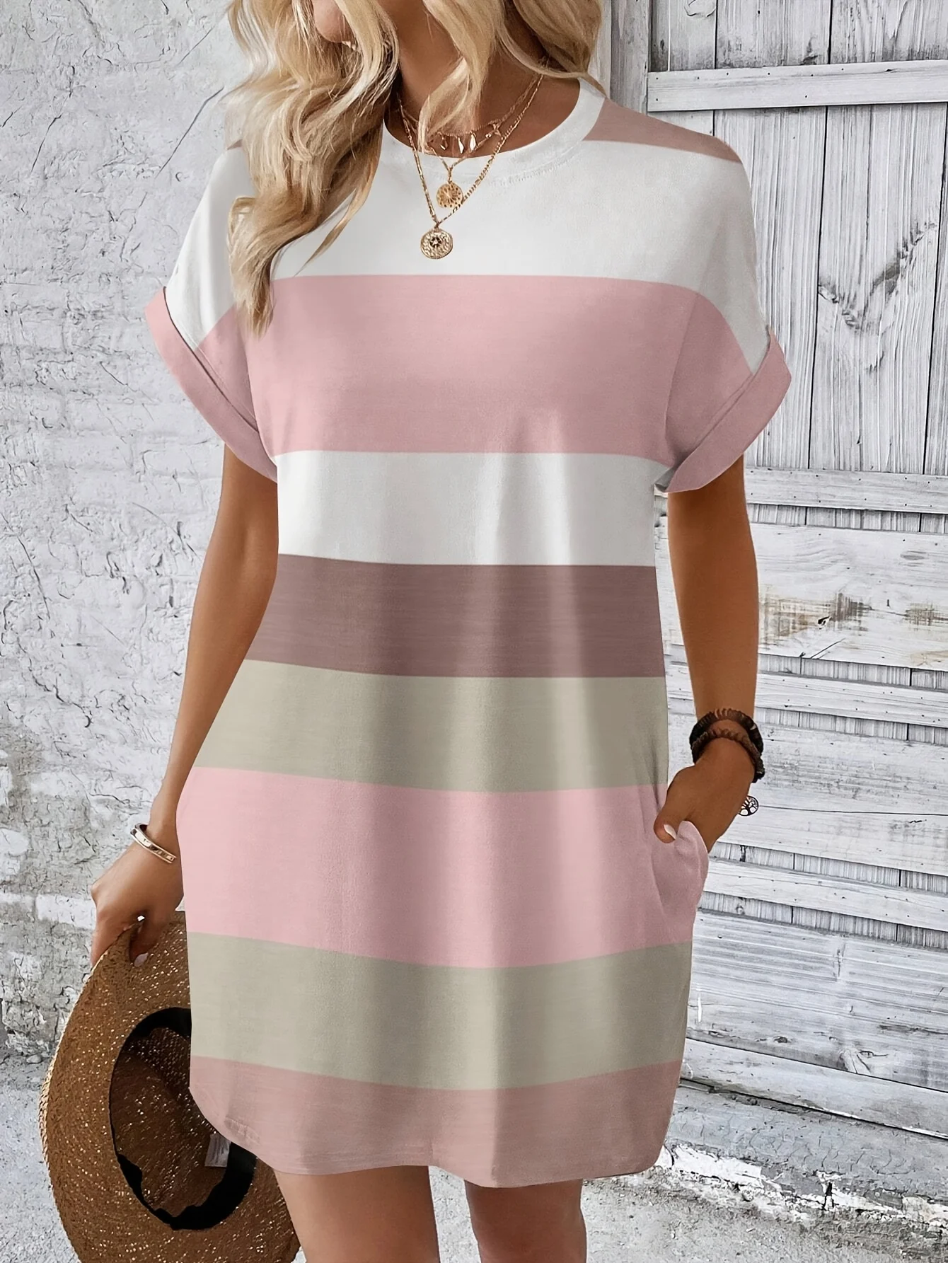 Gestreiftes Damen-T-Shirt-Kleid in Übergröße, lässiges, lockeres, kurzärmliges Sommerkleid mit Taschen