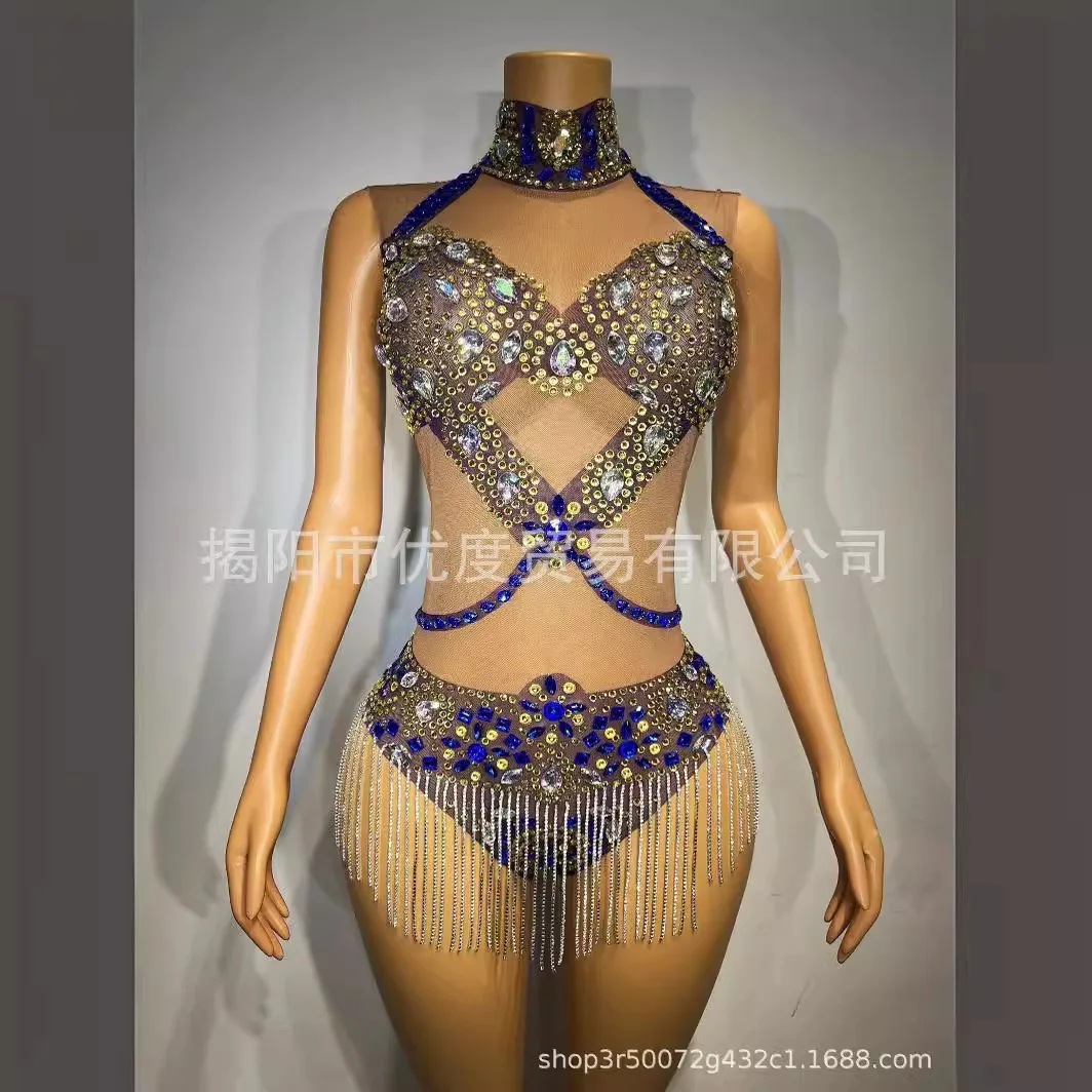 

Glam DJ Drink Party Diamond Chain Perspective Mesh Shiny Rhinestone Dress Party Siamese Triangle Performance Enchantress Vestito