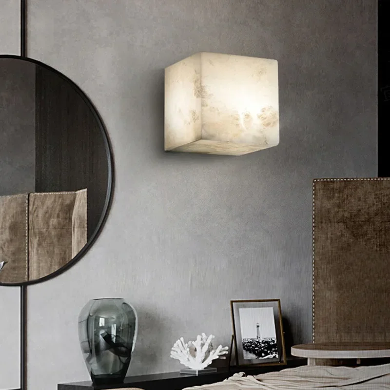 

High Quality Cube Marble Wall Lamp Natural Stone Square Bedroom Bedside LED Sconce Hallway Staircase Lighting Fixtures