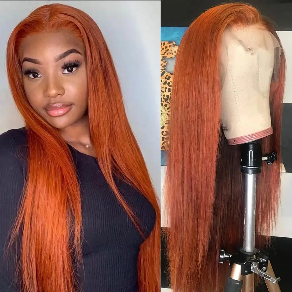 Ginger Orange Straight Lace Front Human Hair Wigs Transparent 13×4 13×6 Lace Frontal Wig Pre Plucked Colored Lace Wig Remy Hair