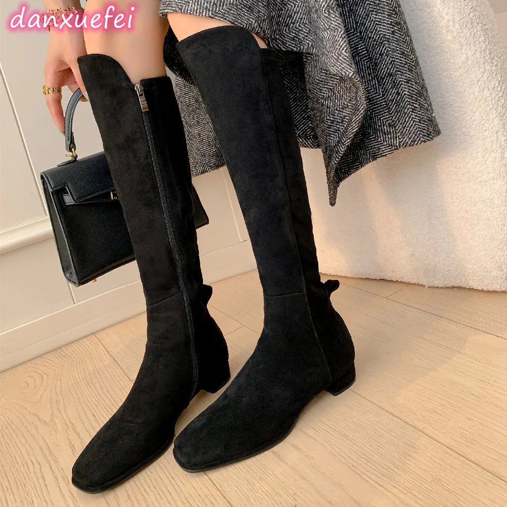 

danxuefei 2023 autumn new boots women's stretch flock side zip autumnn knee high boots casual female slim long shoes for women