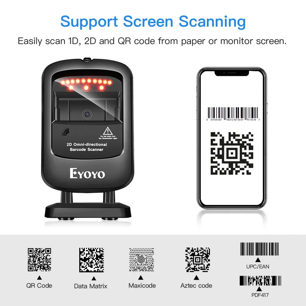 Eyoyo Omnidirectional 2D handfree Wired Barcode Scanner with infrared auto-sensing scanning with decoding capability