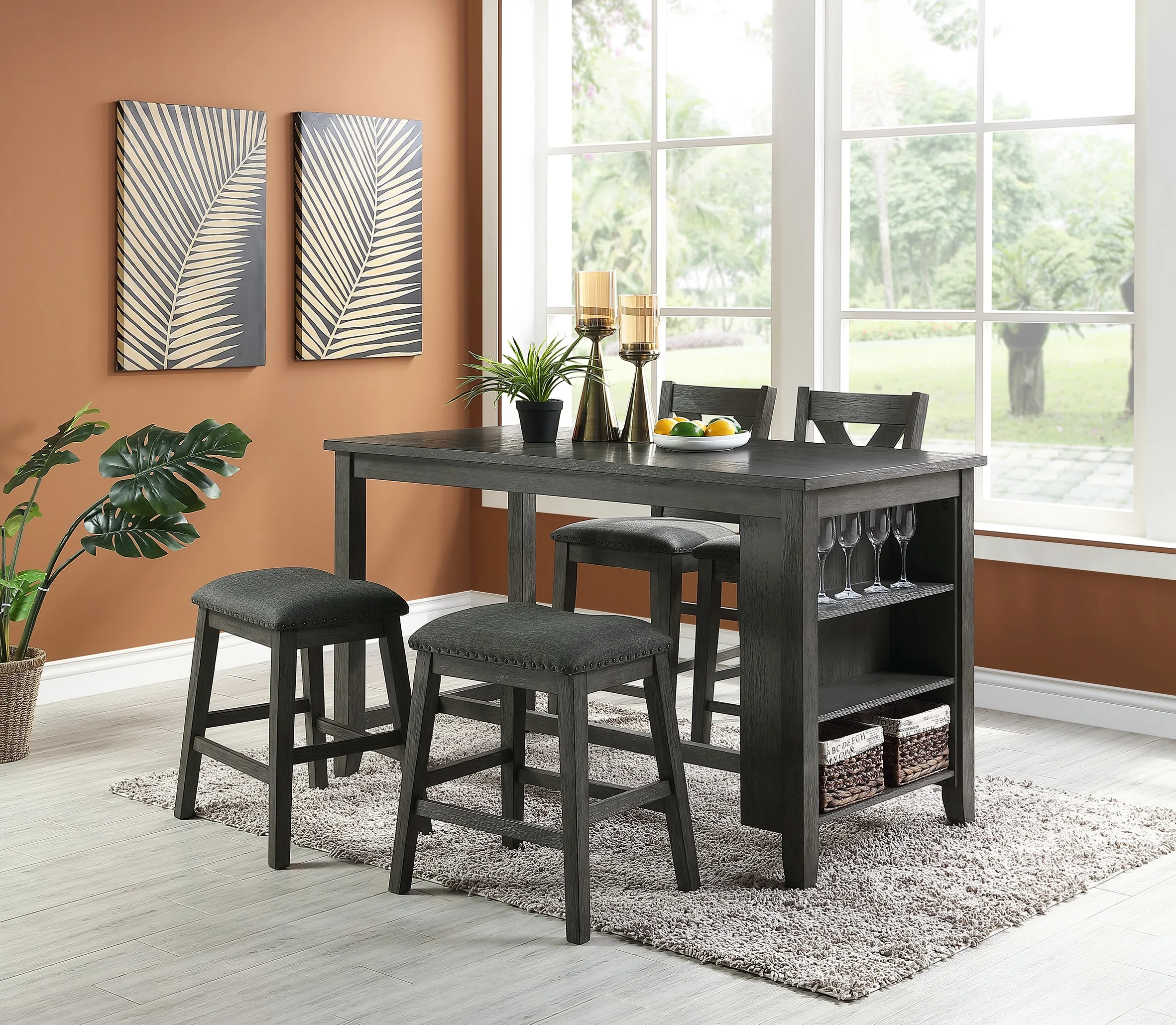 

Modern Gray Finish 5pc Counter Height High Dining Table w Storage Shelves High Chairs And Stools Wooden Kitchen Breakfast Table