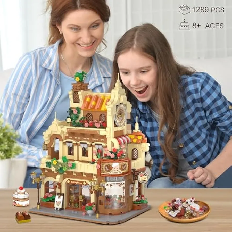 Zestaw Klocków Budowlanych Miasteczko Piekarnia Kawiarnia Dom z Podświetleniem 1289 Elementów Sklep Piekarniczy Klocki Zabawka z Kawą Ciastem Chlebem Pokojem Piekarniczym Pastry
