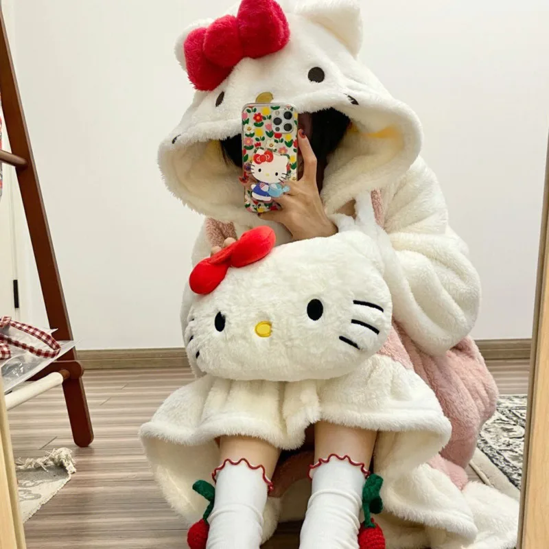 Carino nuovo Hello Kitty Robe e pantaloni femminile inverno peluche 2 pezzi pigiama Set addensato peluche caldo Casual Homewear camicia da notte