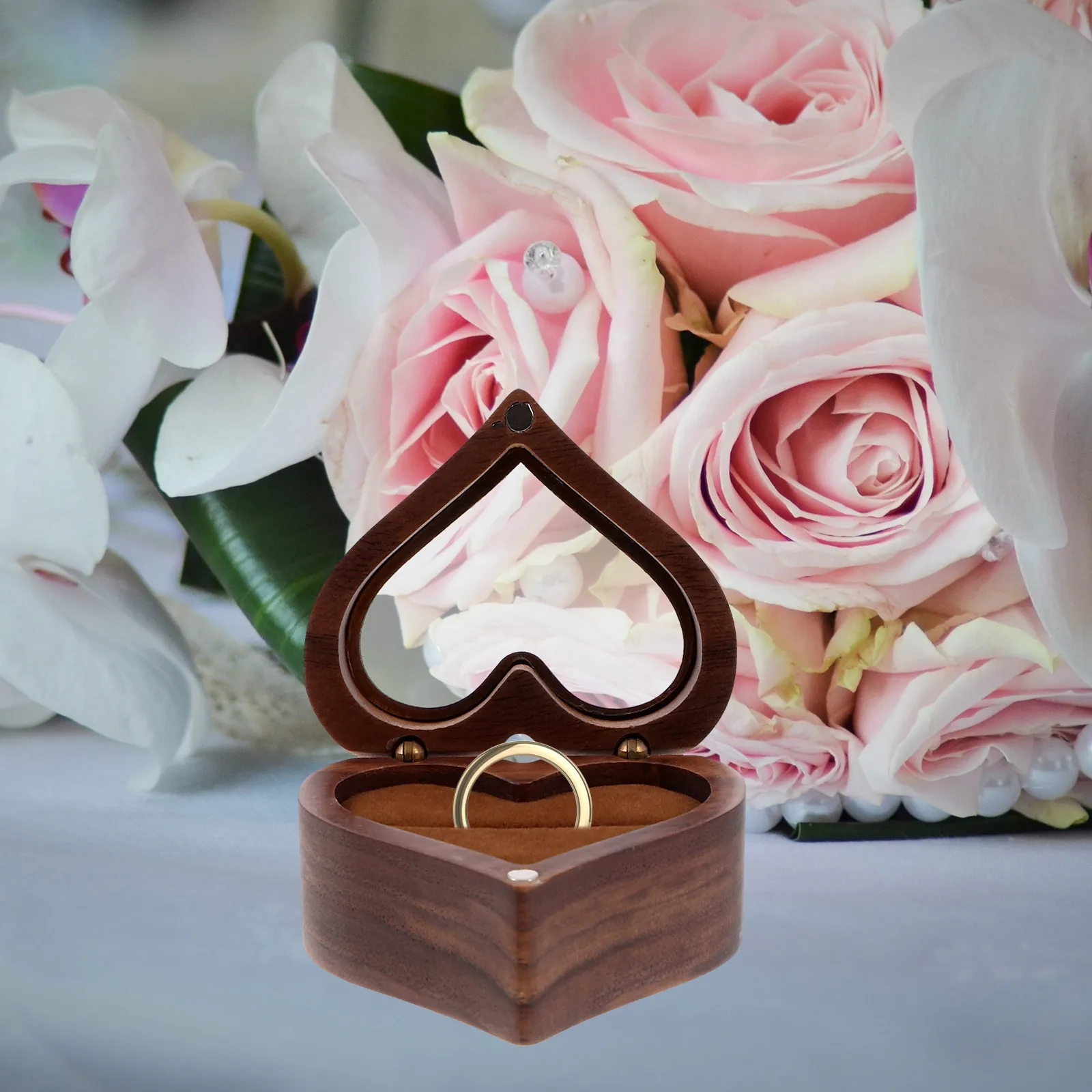 

Ring Box Proposal Case Heart Shape Wooden Velvet Black Walnut Storage Jewelry Tray Display ganizer Wedding Holder Accessories