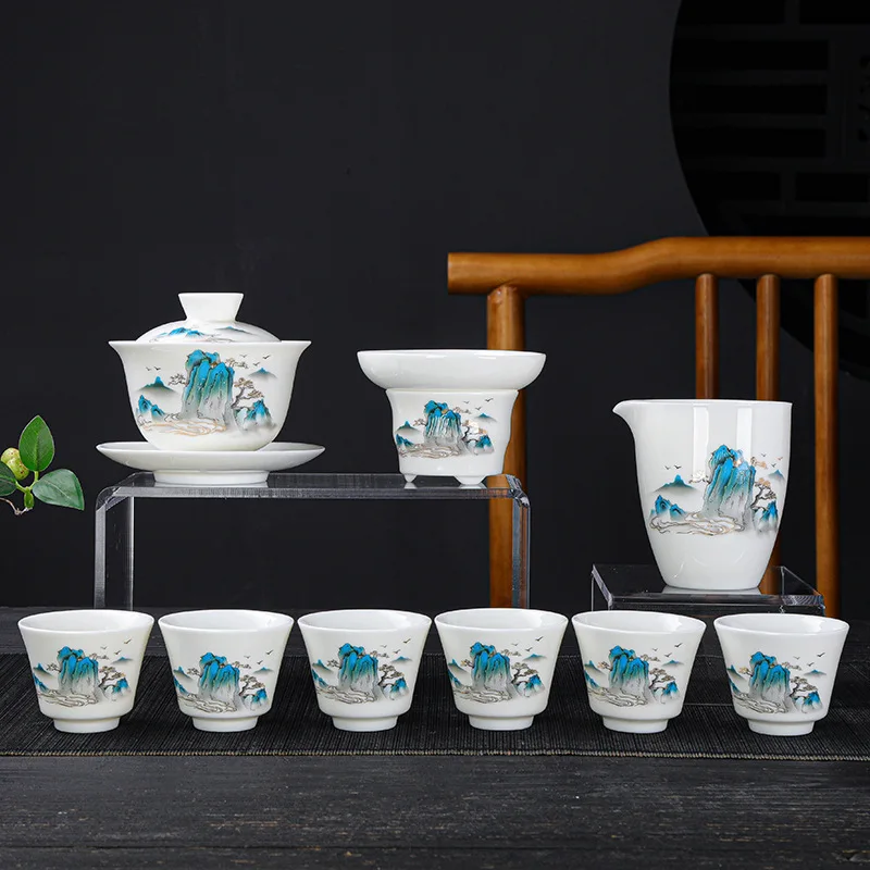 Jade Fat Kung Fu Tea Set Thousand Miles of Rivers and Mountains Ten-Headed Gaiwan Tea Cup Business High-End Gift Box