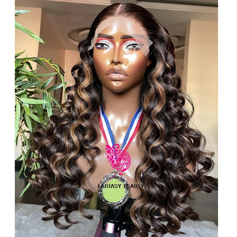 

100% натуральные индийские волосы, глубокая волна, с мелированием, коричнево-черные, для женщин, с естественной линией роста, предварительно выщипанные, 5x5 HD, без клея, парики