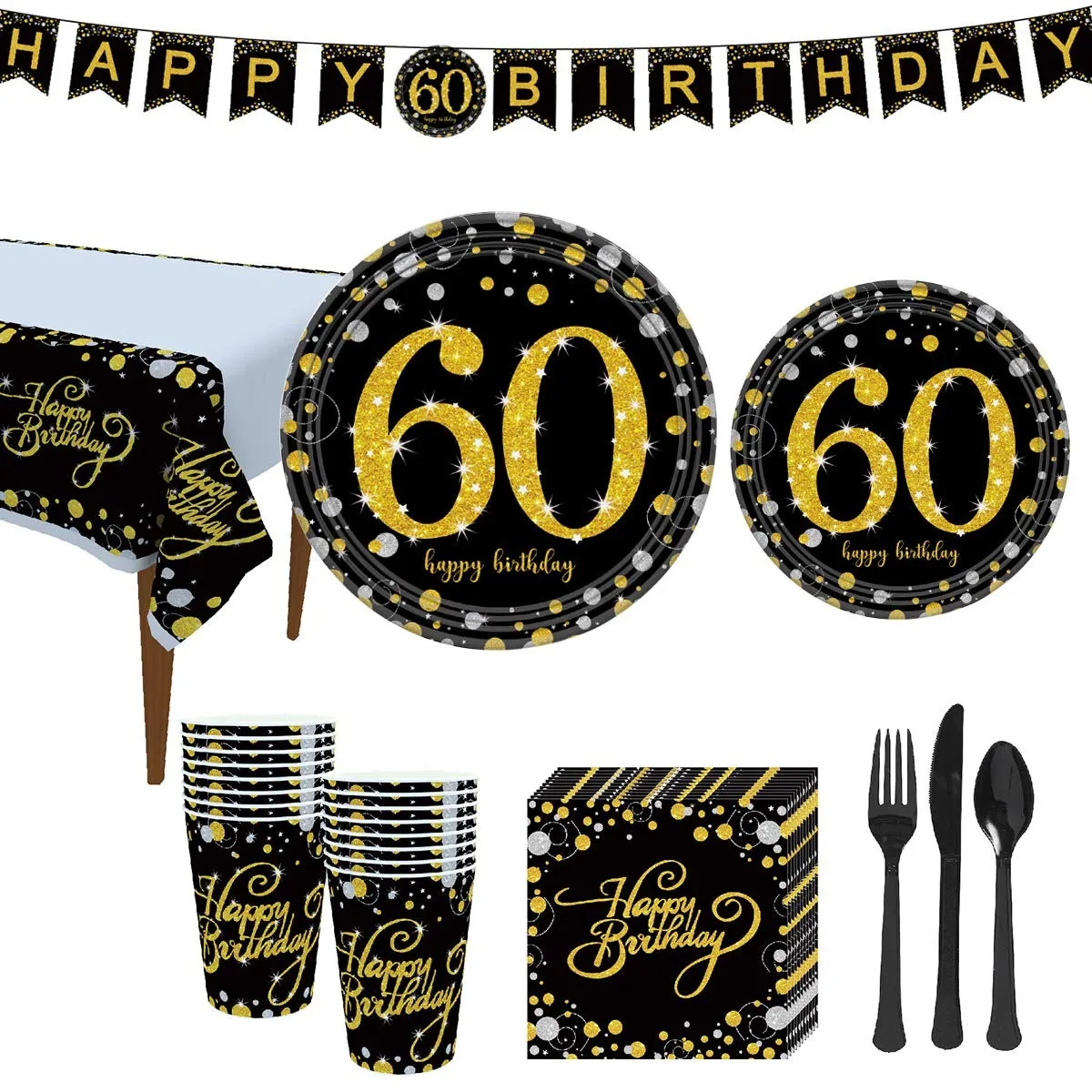 

60th Happy Birthday Party Supplies Set Disposable Paper Birthday Plates Napkins Cups Tablecloth Banner 60th Wedding Anniversary