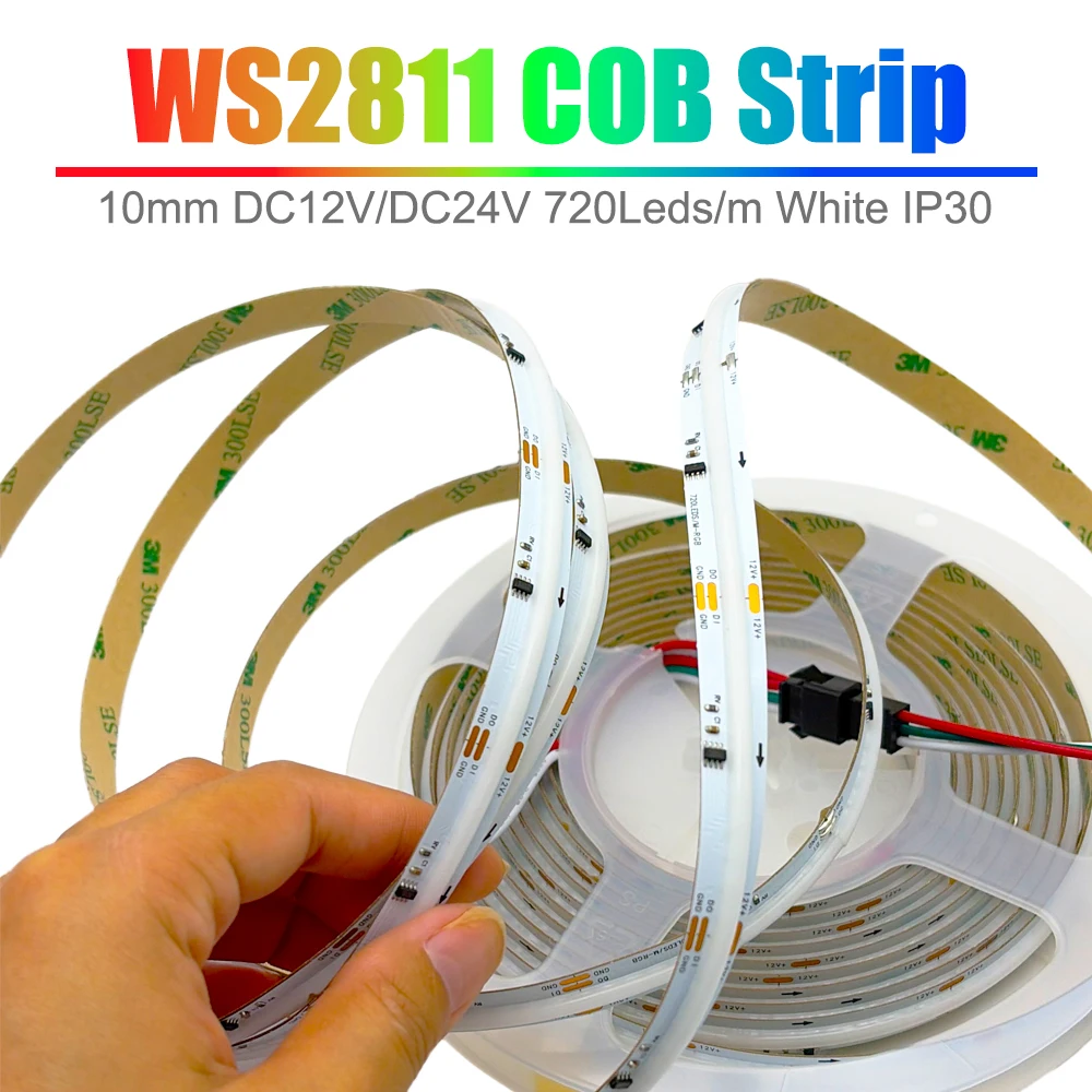 DC12V/24V WS2811 COB LED Strip Dream Colors Addressable Smart RGBIC 720Leds/m High Density Flexible 10mm FOB Pixel Light