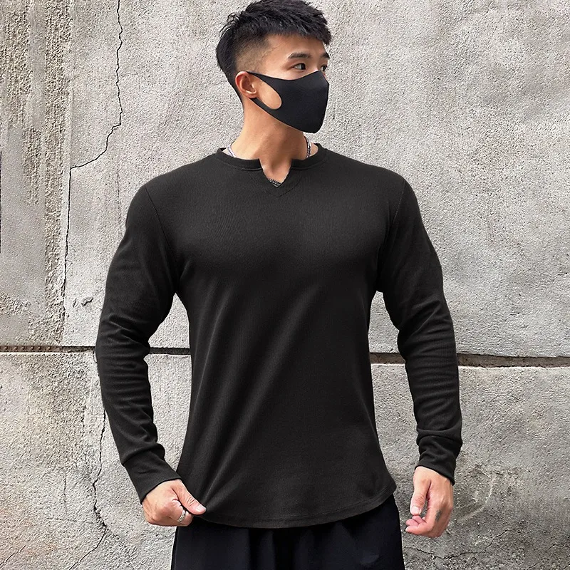 Men's V-shaped Round Neck Fitness Elastic Slim Fit Showing Muscle Movement Running Training Base  Outdoor Tight Fitting Clothes
