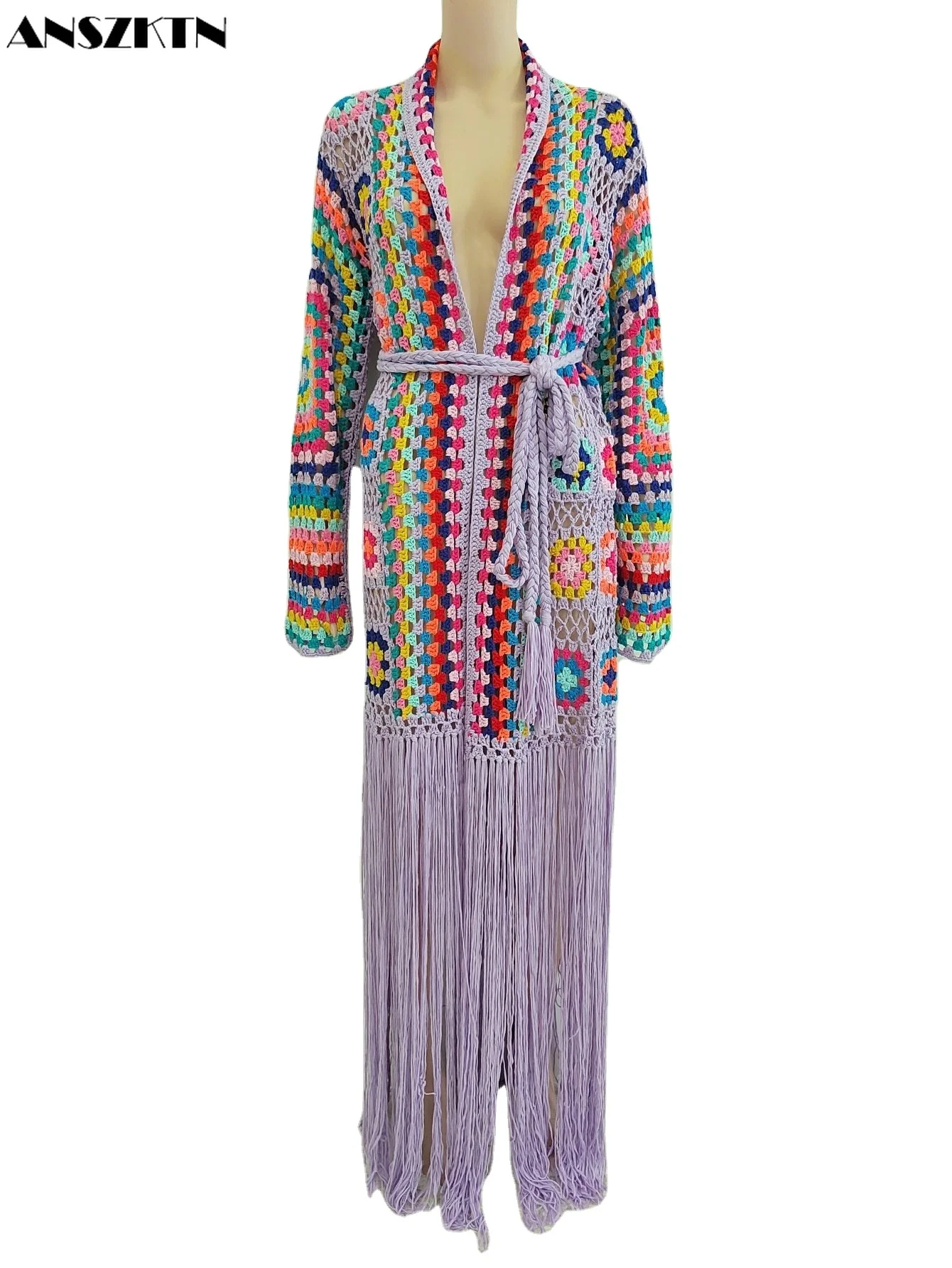 ANSZKTN Women Fashion Clothing Crochet Knitted Maxi Fringe Coats Jacket Casual Sweater Ladies Tassel Woman Long Cardigan