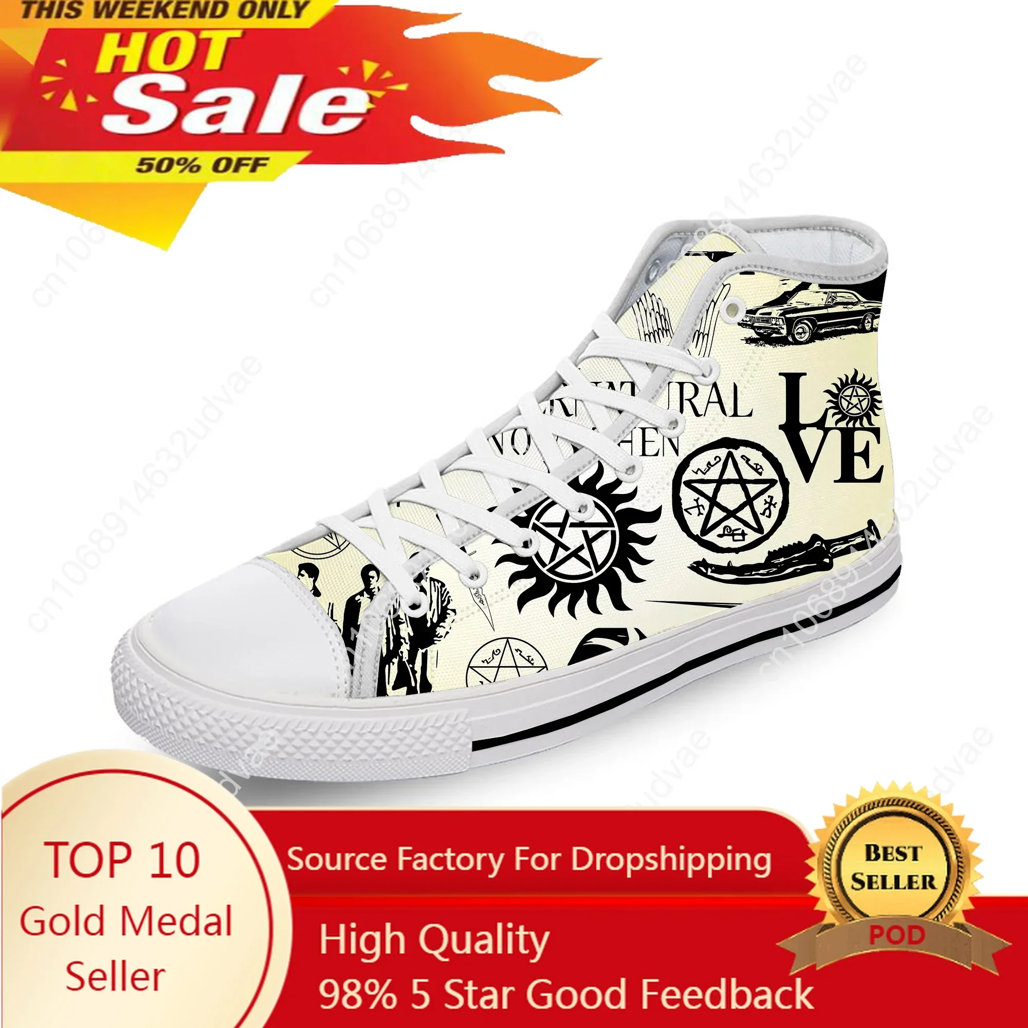 

Supernatural Winchester Bros White Cloth Fashion 3D Print High Top Canvas Shoes Men Women Lightweight Breathable Sneakers