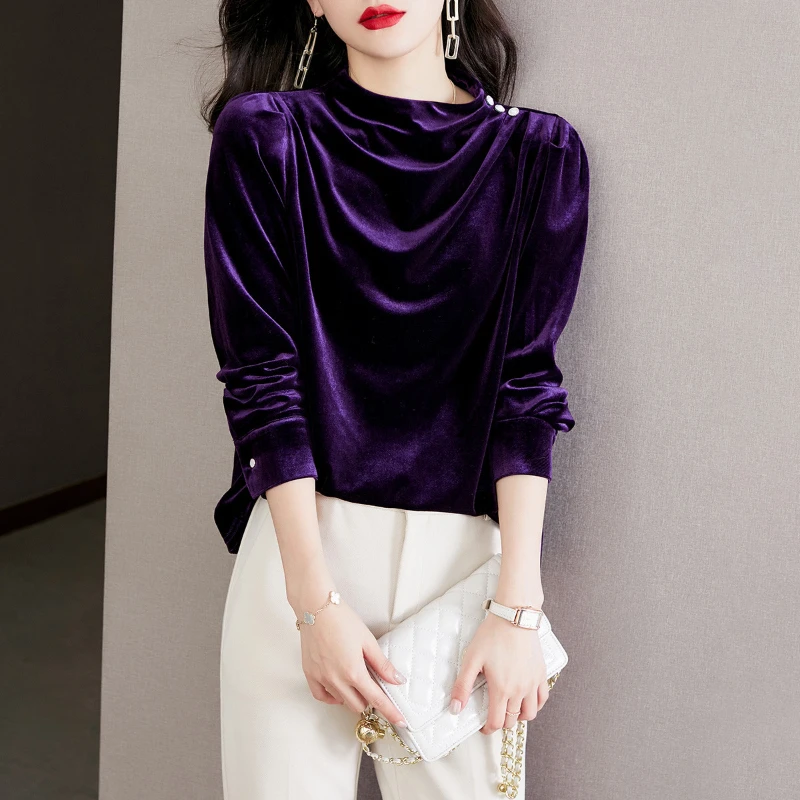Fashion Corduroy Women's Blouse Vintage Pleated Turtleneck Long Sleeves Ladies Tops Chic Elegant Blouses Luxury Women's Clothing
