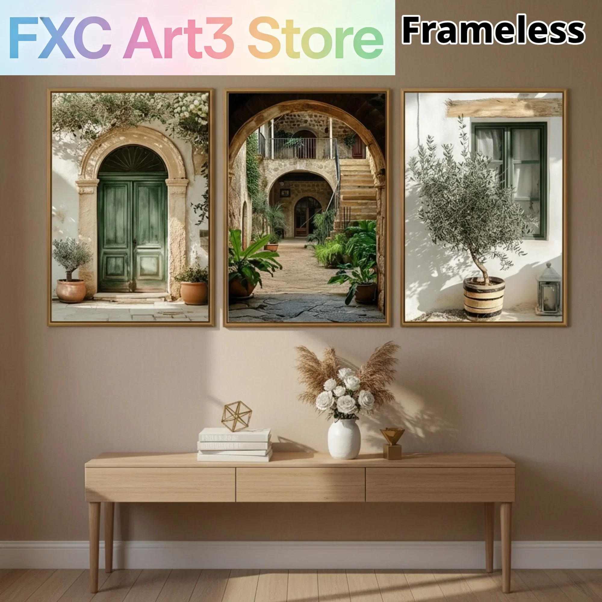 3pcs/Set frameless, Mediterranean Stone Arches Olive Tree Potted Plants Canvas Printing Retro Green Door Wall Art Posters for Ho