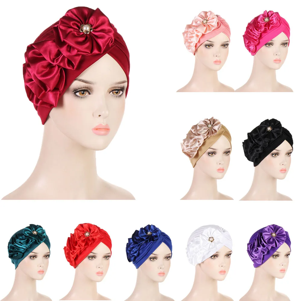 

Indian Turban Flower Beaniea Women Muslim Hijab Pleated Chemo Cancer Cap Hair Loss Head Scarf Wrap Hat Bonnet Bandanas Headband