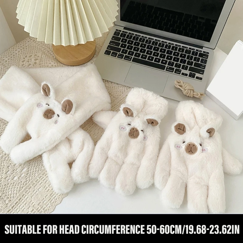Women Thicken Gloves Furry Capybara Neck Warmer for Climbing Skiing Sports Cartoon Neck Warmer Thicken Gloves Set Dropship