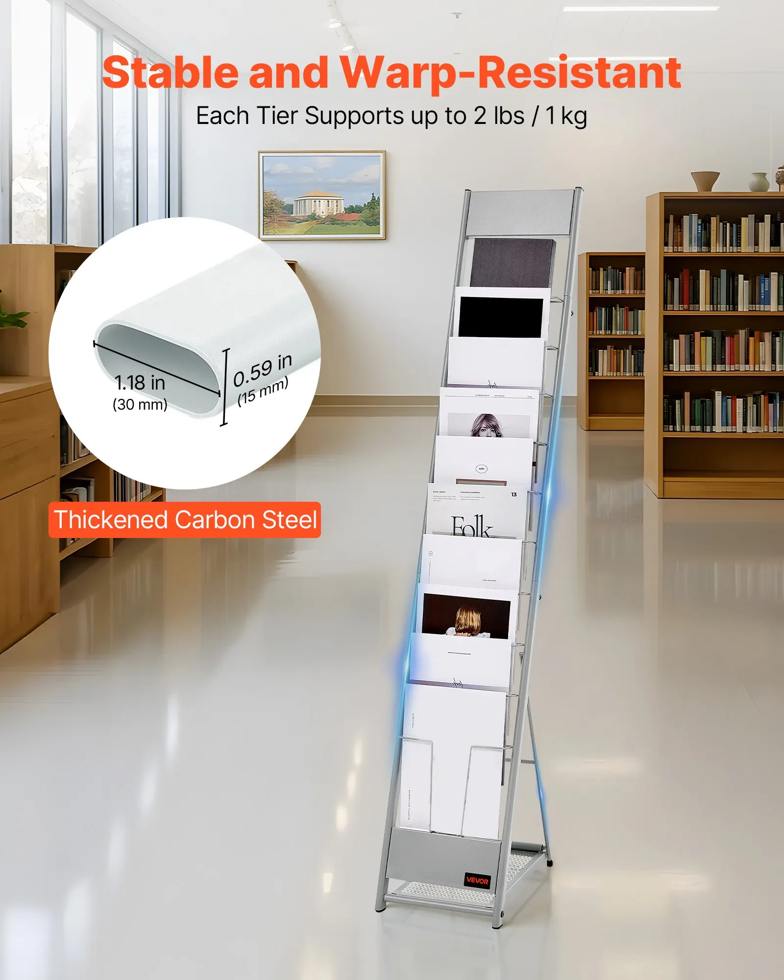 Présentoir de brochures en métal argenté avec 10 poches, support incliné autoportant pour magazines et catalogues, idéal pour les magasins, salons professionnels, événements de bureau et expositions